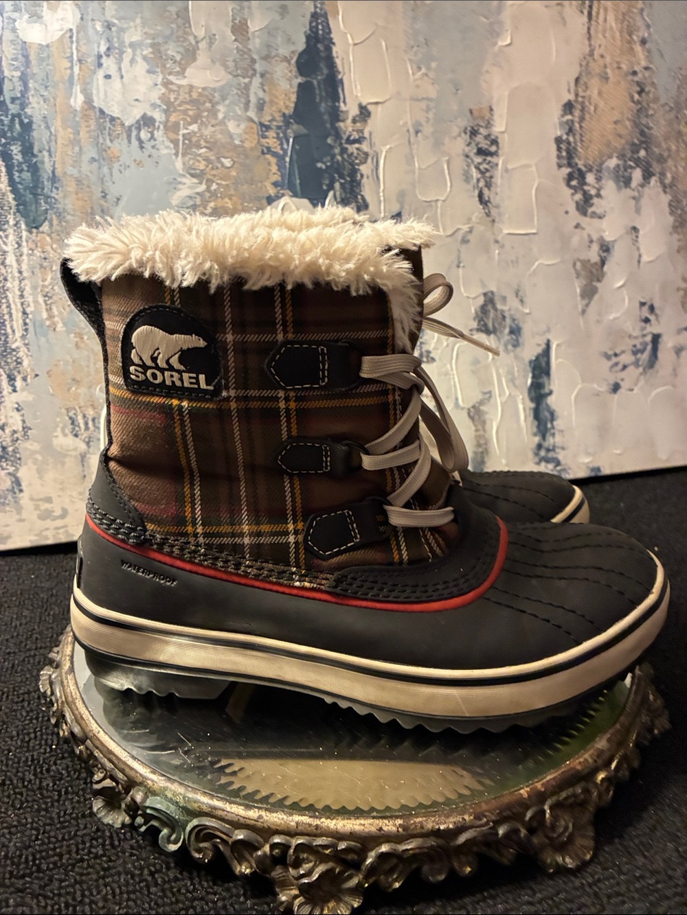 Genuine Sorel Tivoli Plaid Waterproof Brown Plaid Faux Fur Duck Boots Sz 8.5